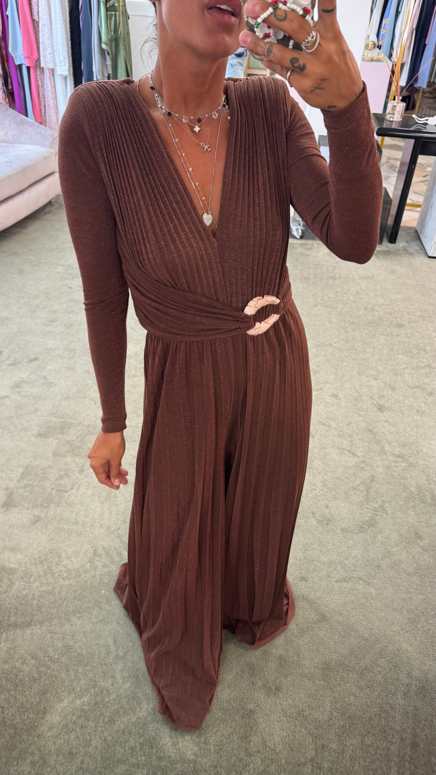 Jumpsuit marrone lurex plisse’ in maglia  fr