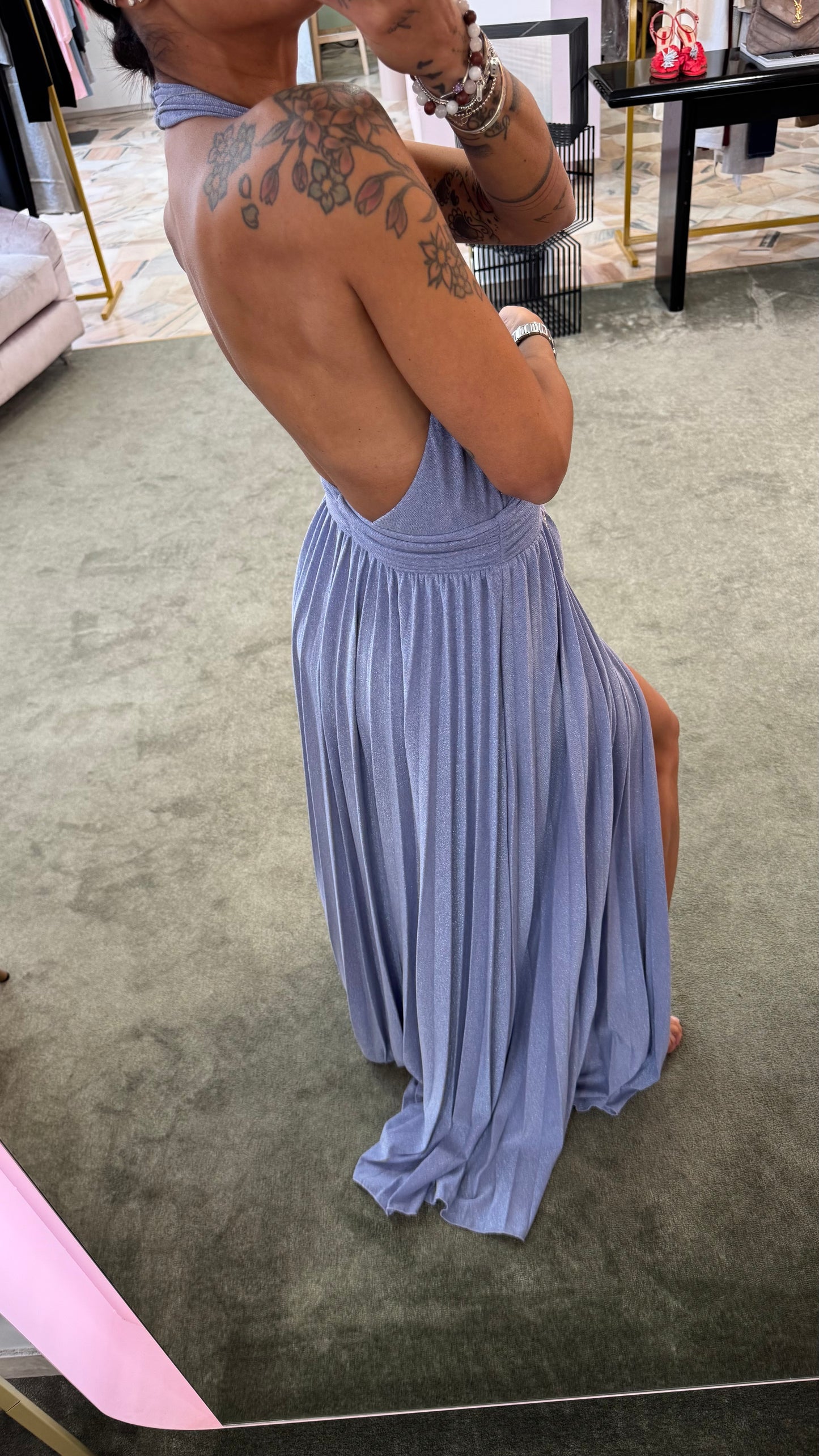 Abito lungo lavanda in maglia lurex plissettato con body fr