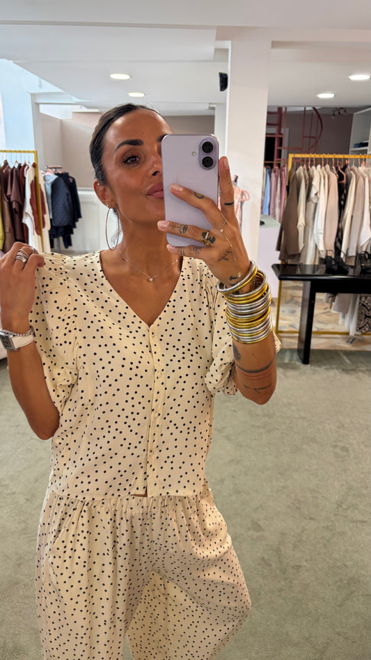 Blusa panna a pois manica corta a sbuffo in viscosa sy
