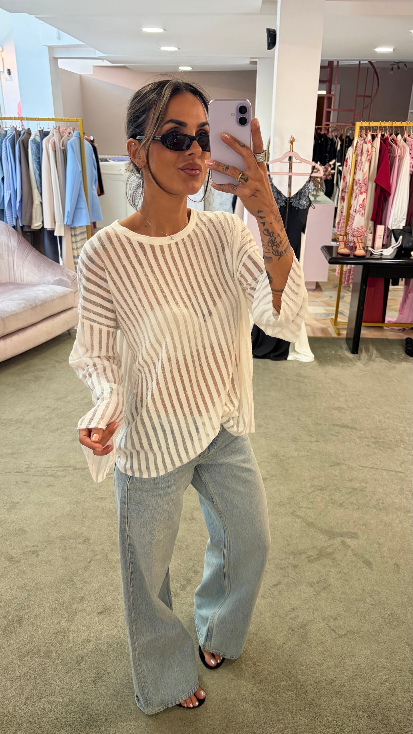 Maglia bianca maniche lunghe a righe trasparente bj