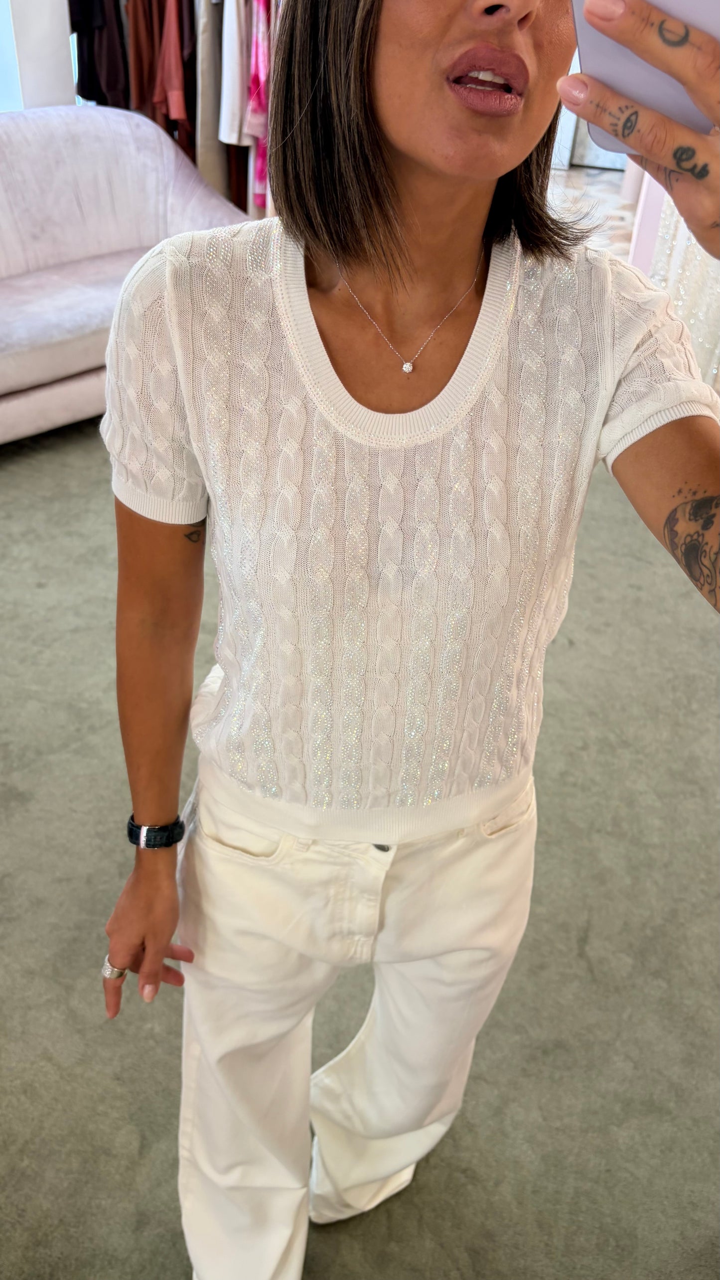 Maglia bianca manica corta a trecce crystal fr