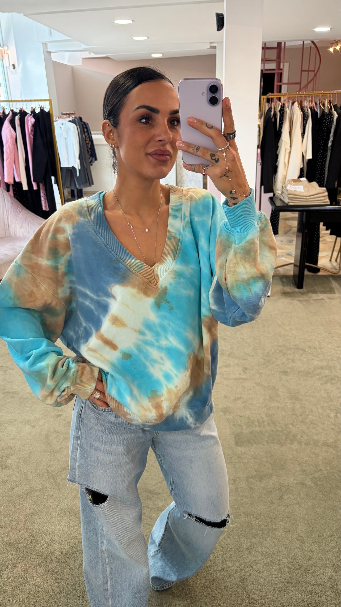 Felpa azzurra tie-dye scollo a v Don't@Me