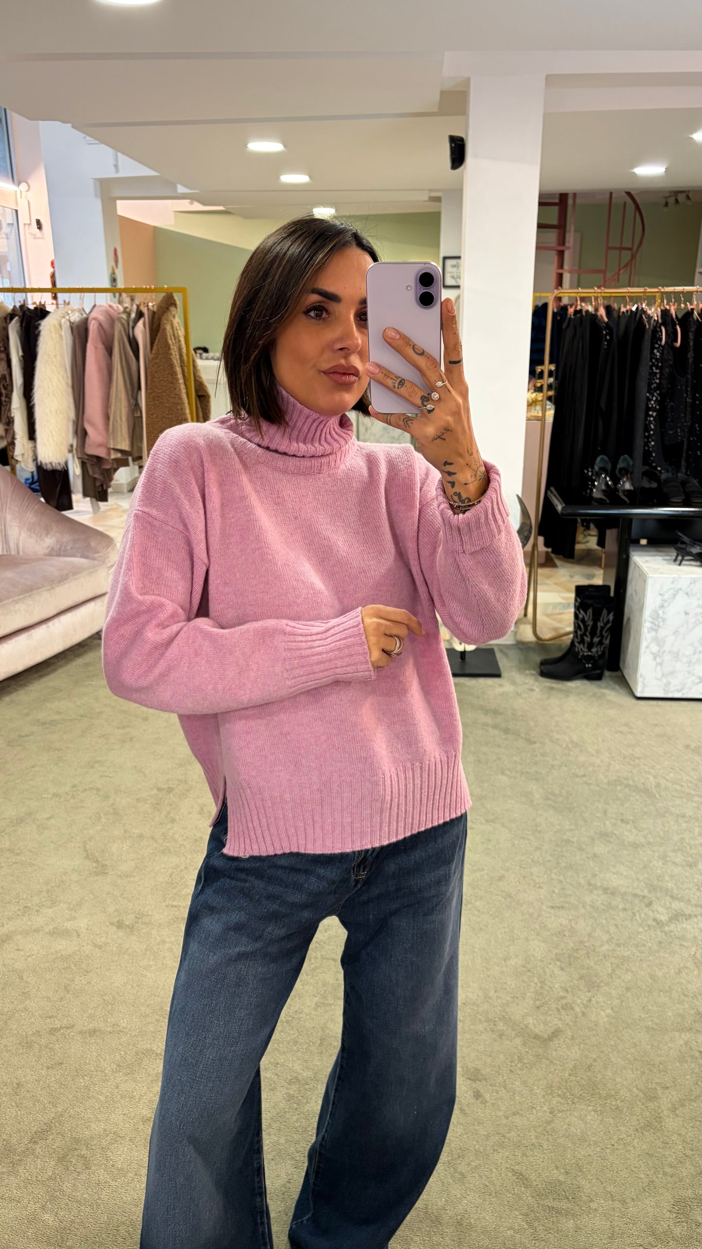 Dolcevita rosa peonia a scatoletta in lana Irish