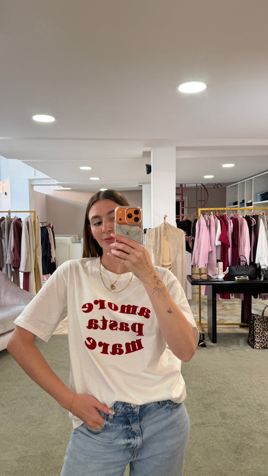 T-shirt bianca amore,pasta,mare