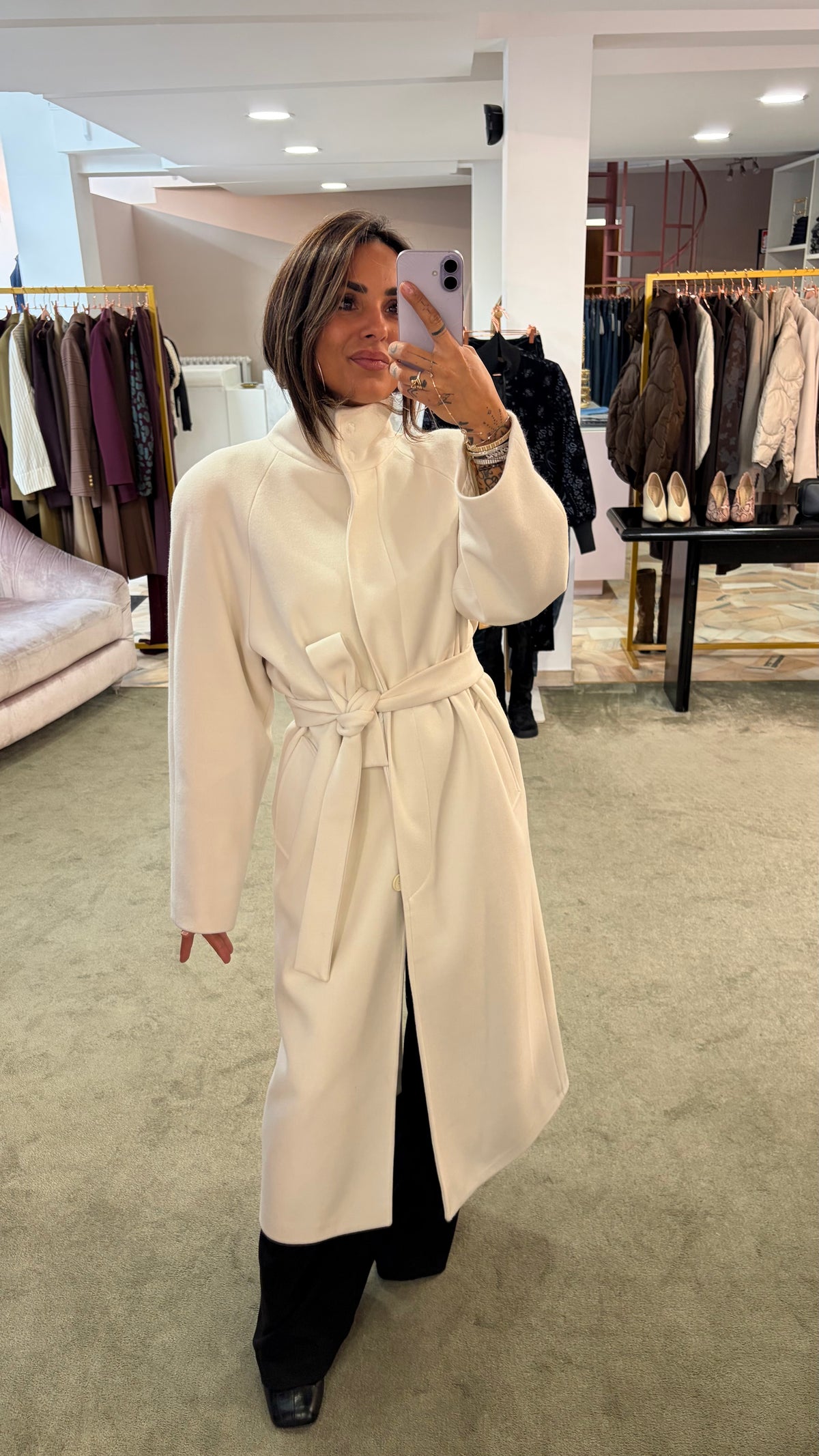 Cappotto lungo panna con cintura Actualee