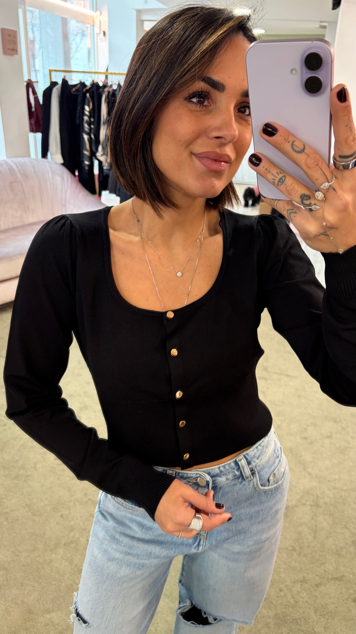 Cardigan mini nero scollo squadrato fr