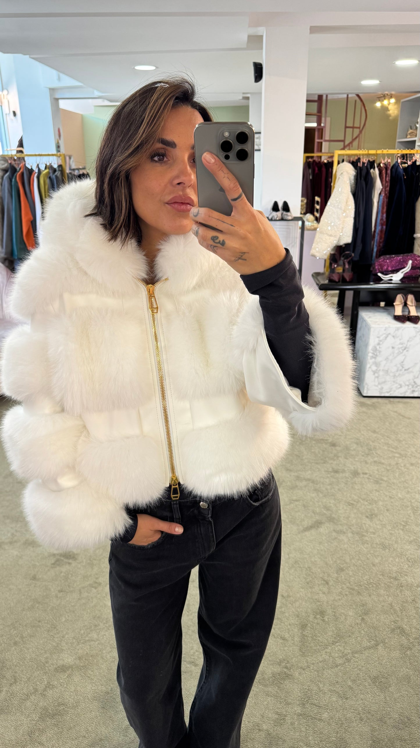 Pelliccia eco bianca luxury con cappuccio ys