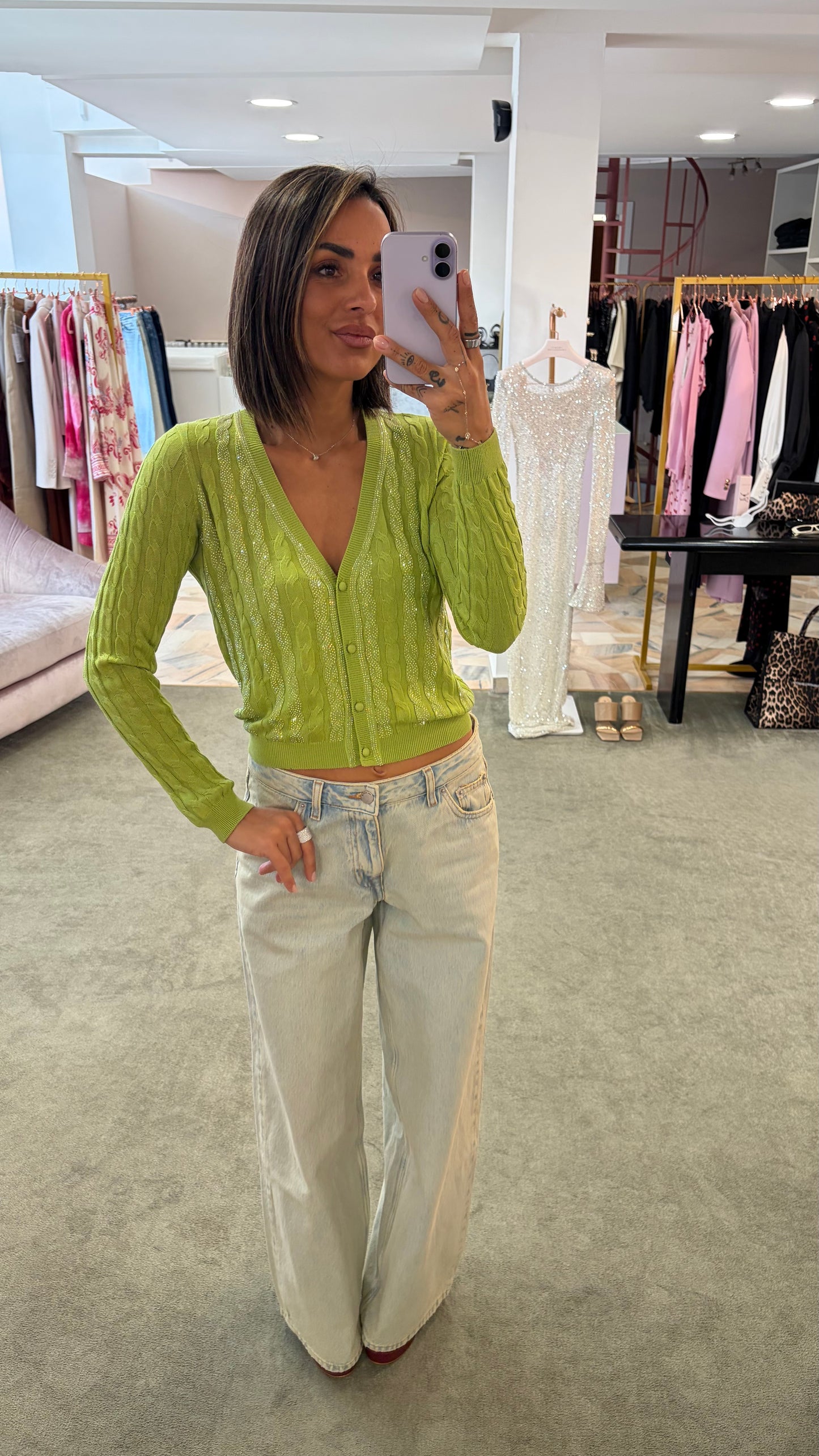Cardigan verde lime a trecce crystal fr