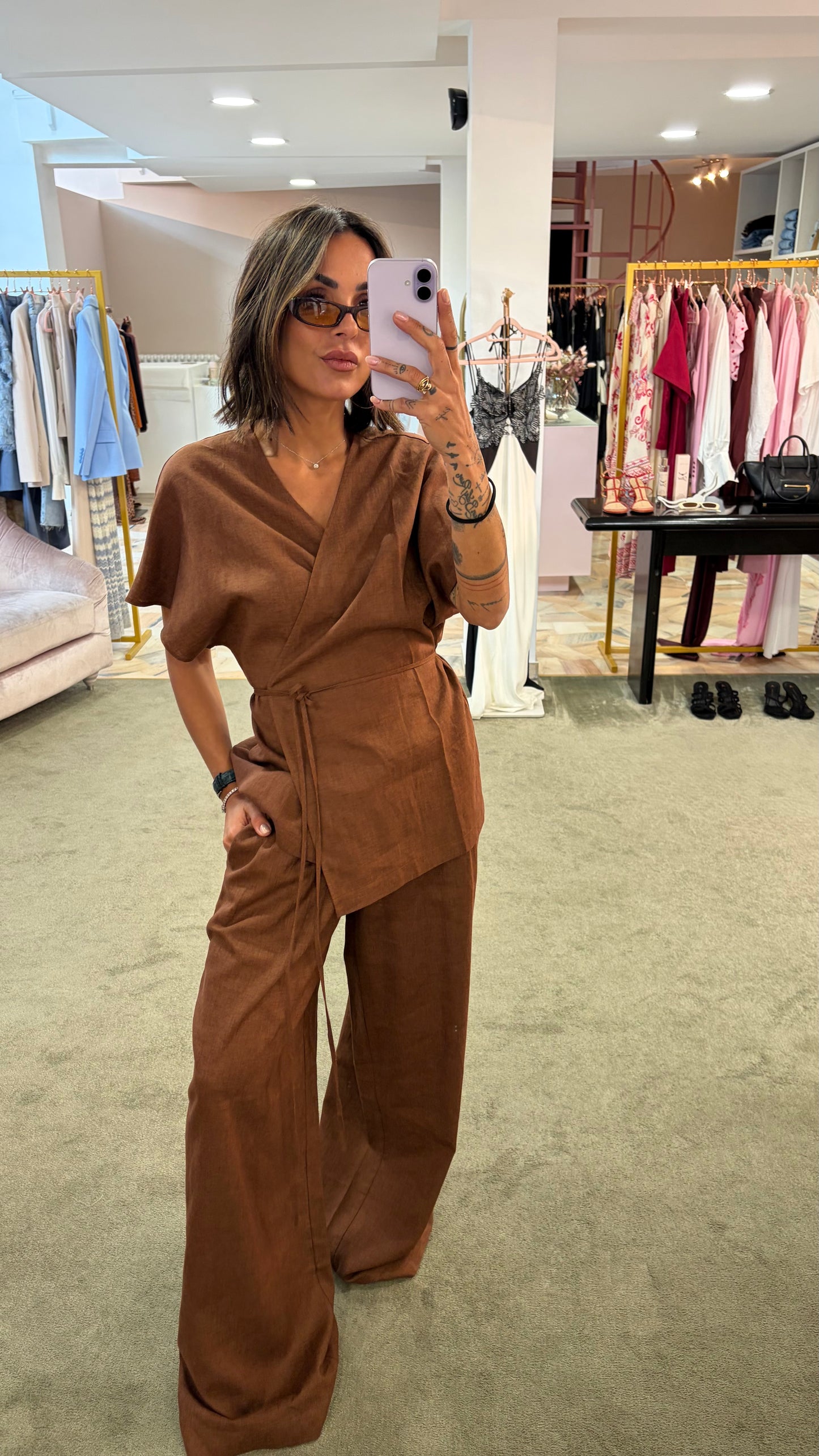Camicia kimono tabacco con cintura in lino Hinnominate