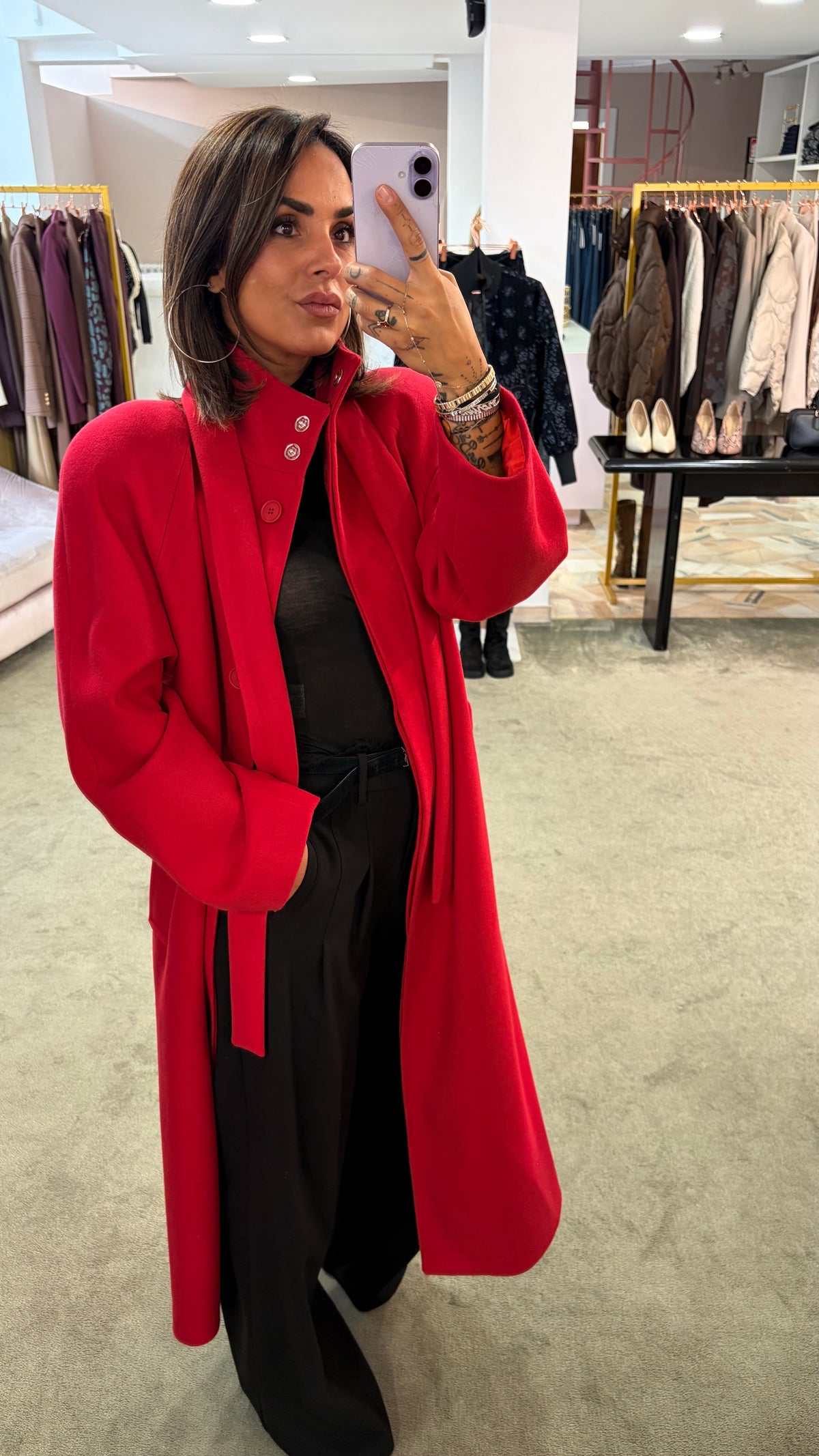 Cappotto lungo rosso con cintura Actualee