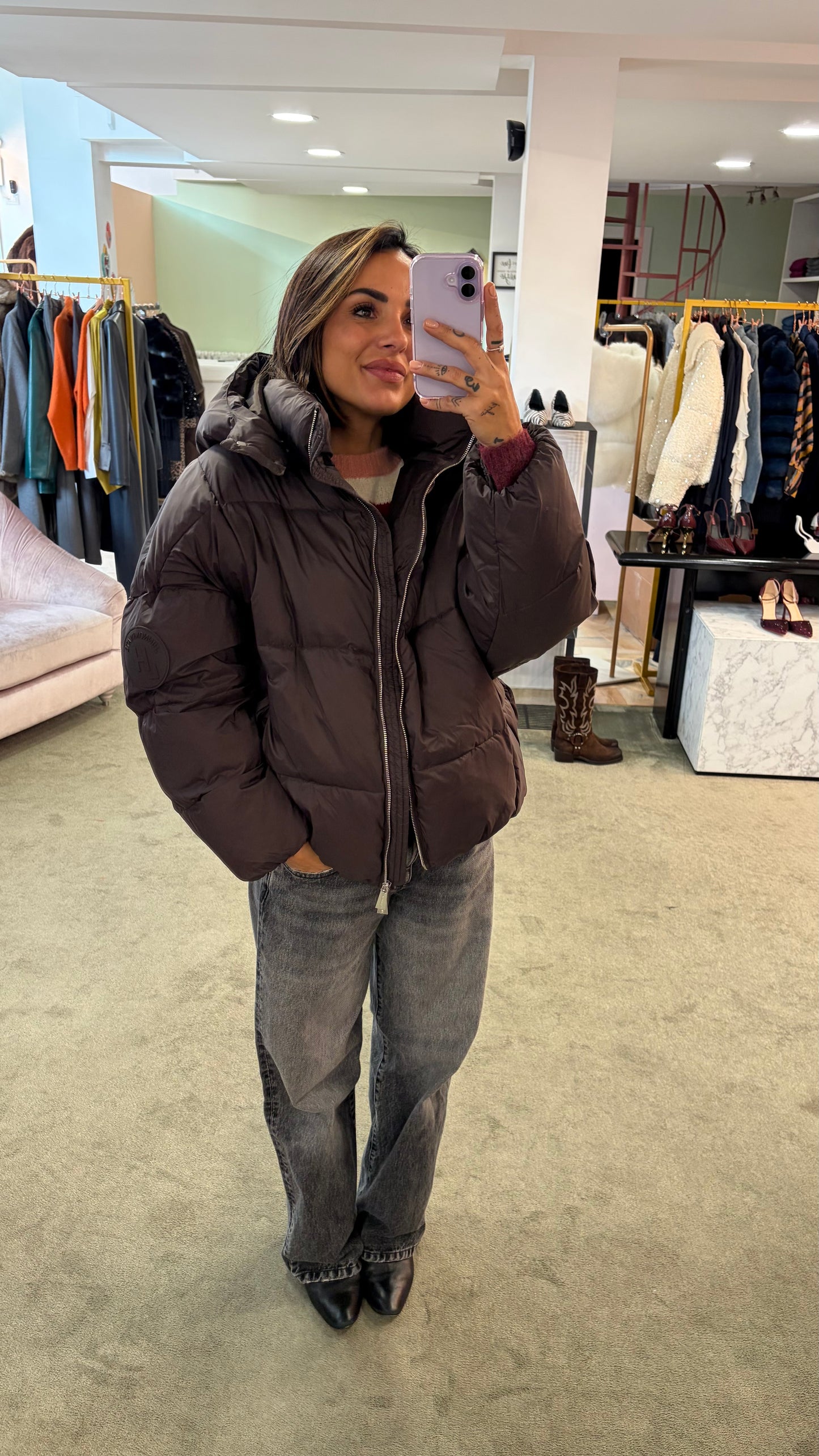 Piumino marrone testa di moro over con cappuccio Hinnominate