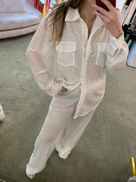 Pantaloni bianchi con paillettes argento tw