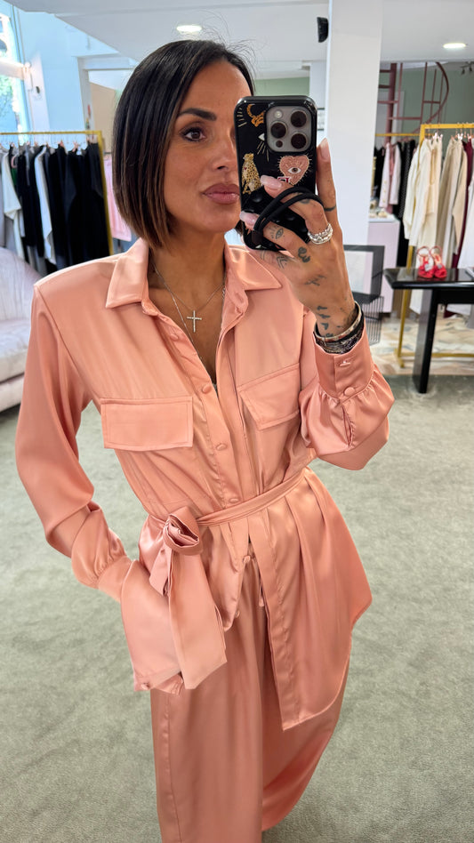 Maxi blusa rosa pesca con cintura in satin ks