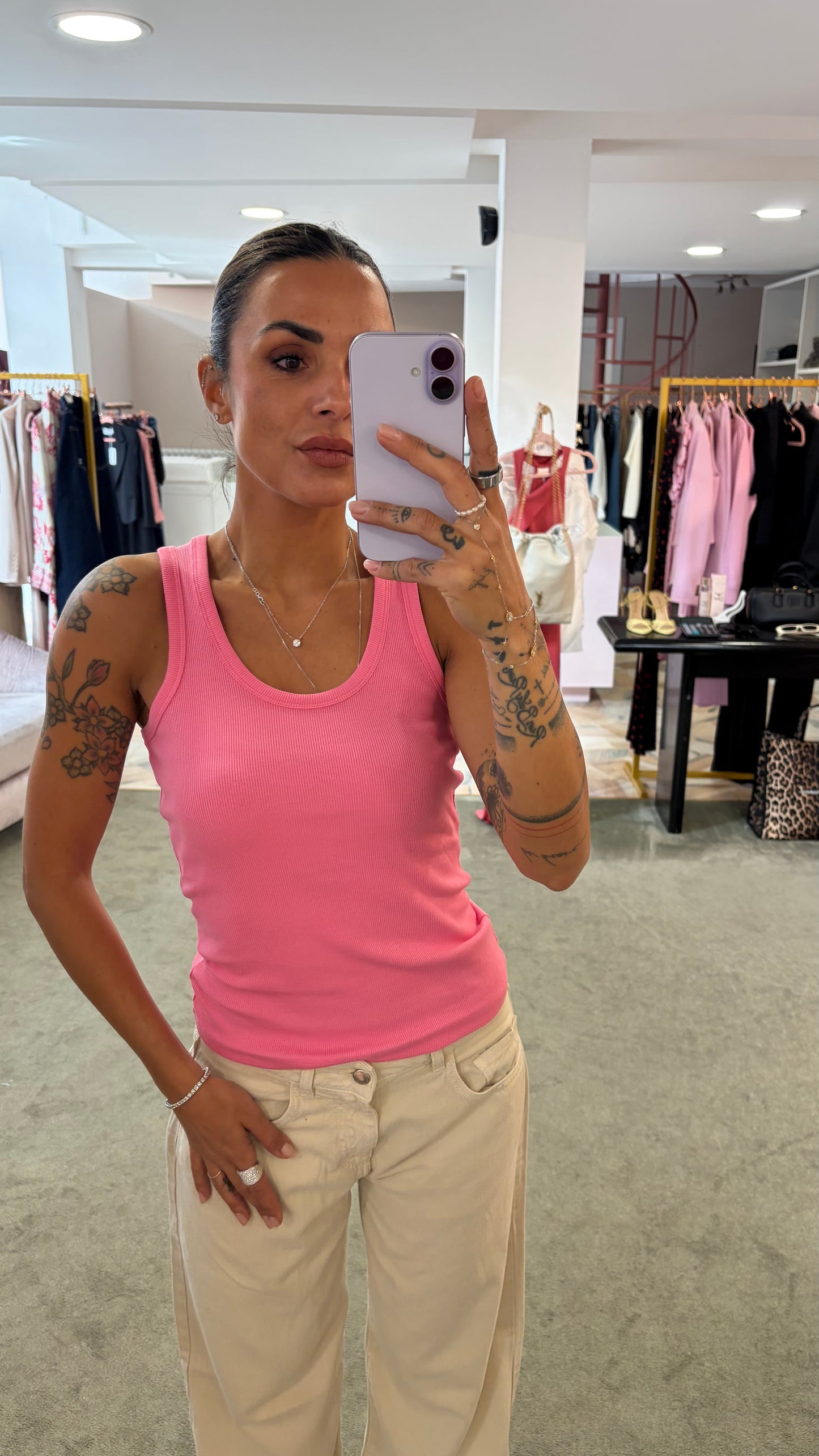 Canotta fucsia a costine scollo tondo jx
