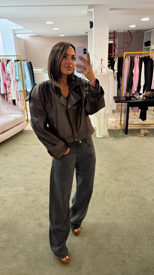 Giacca chiodo crop marrone in pelle vera Marsem