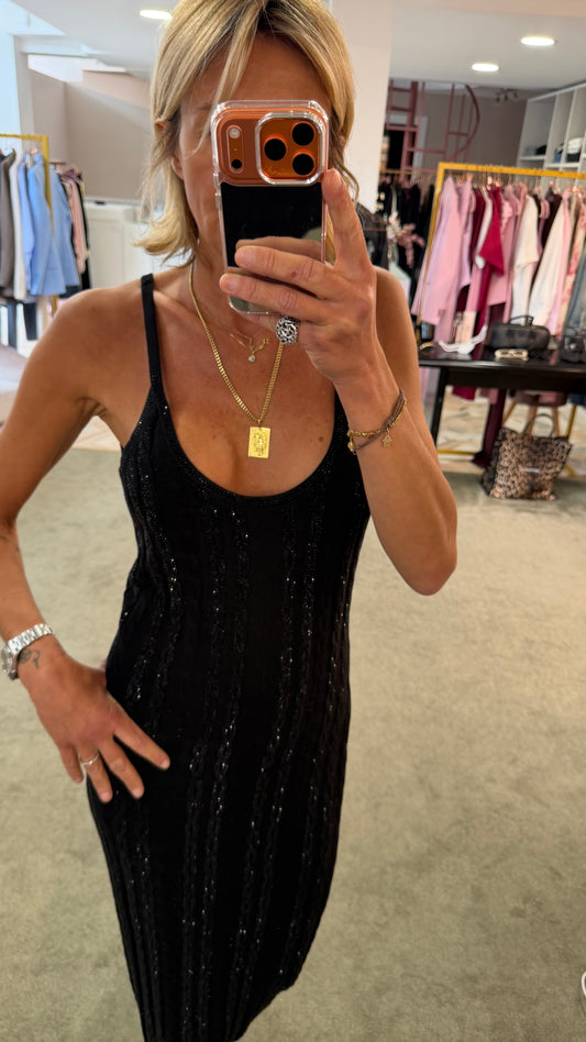 Abito midi nero in maglia con trecce crystal fr