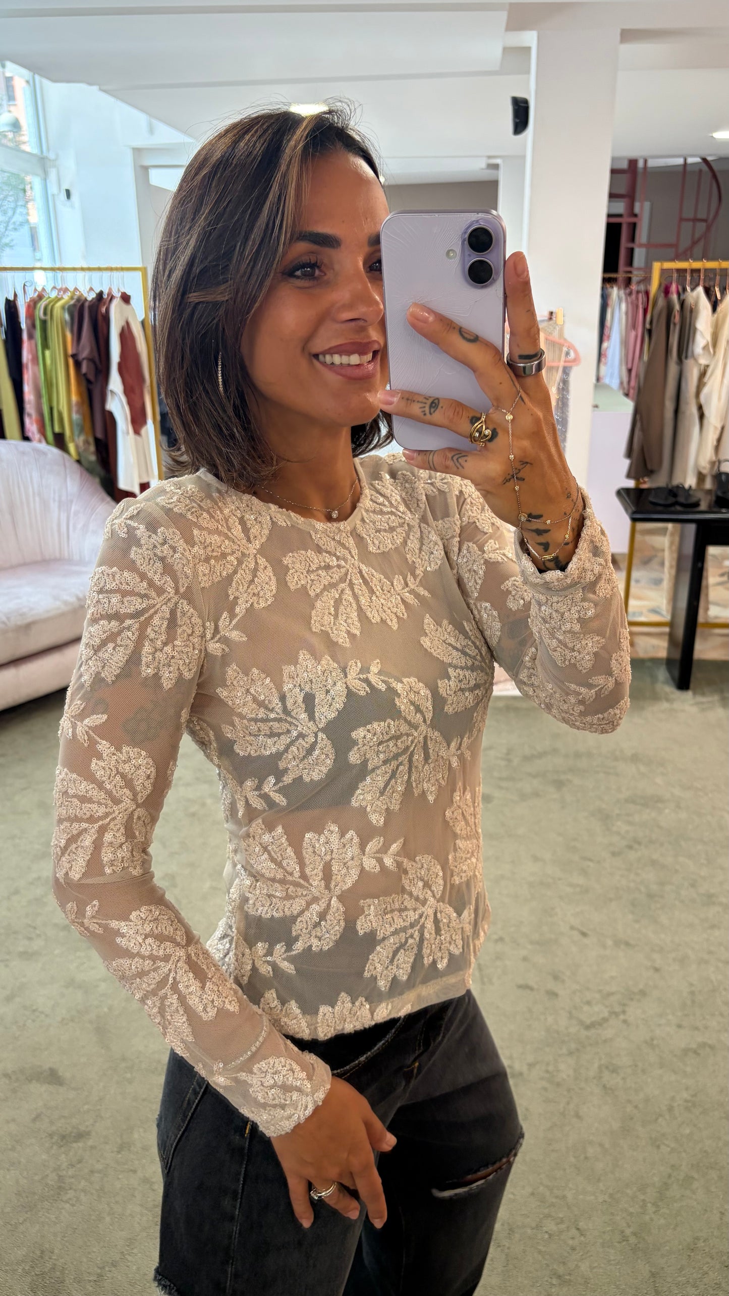 Maglia nude manica lunghe con ricami perline fr