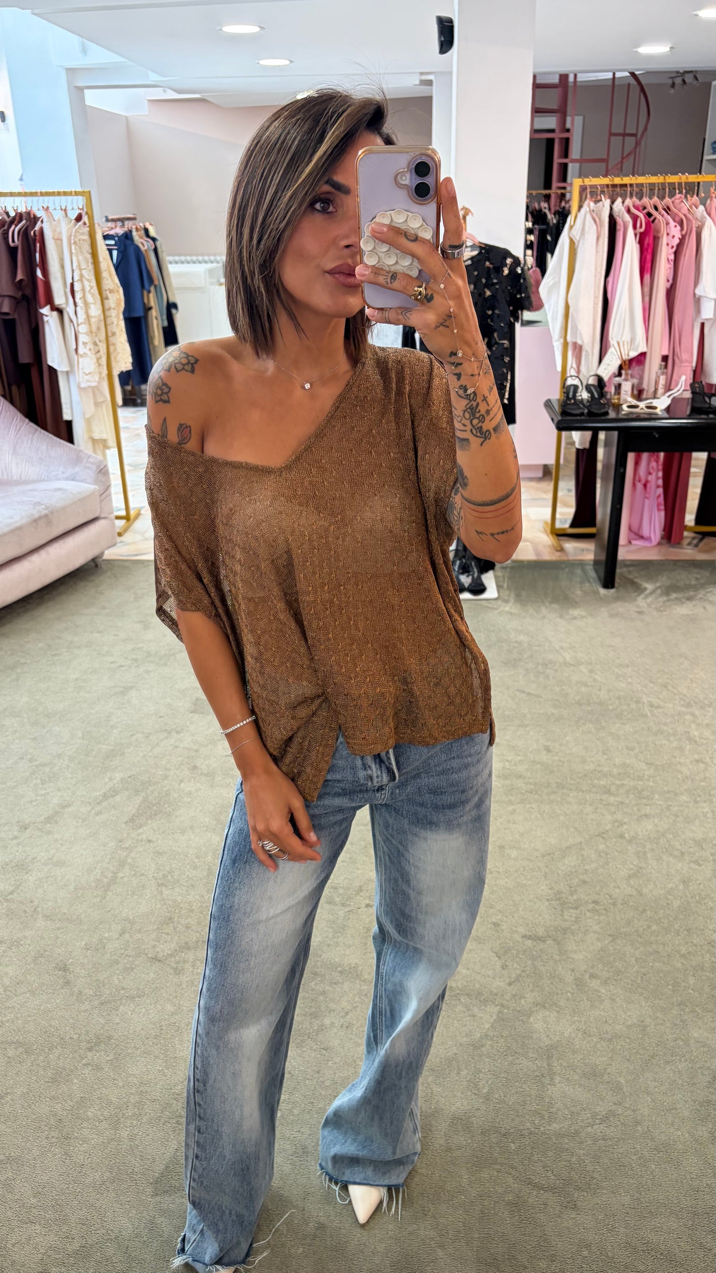 Maglia scollo a v bronzo in lurex manica scesa ay
