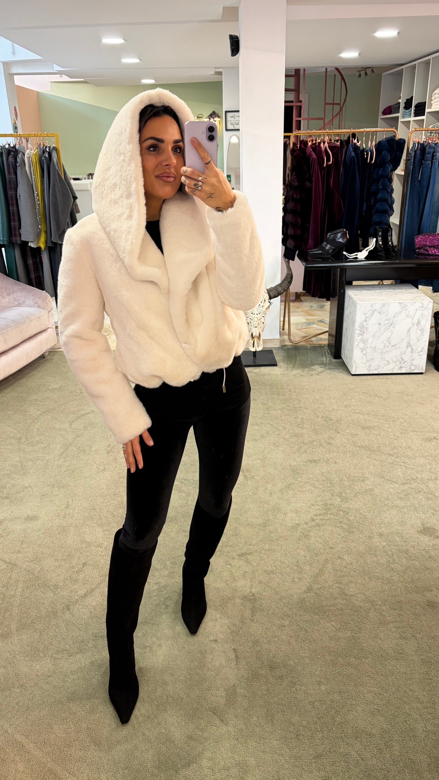 Pelliccia eco visone bianca luxury con cappuccio ys