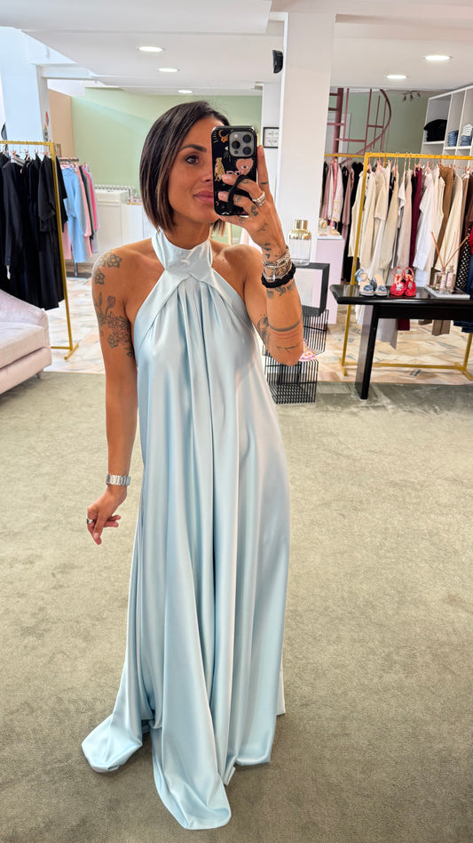 Abito lungo azzurro cielo scollo all'americana in satin Actualee