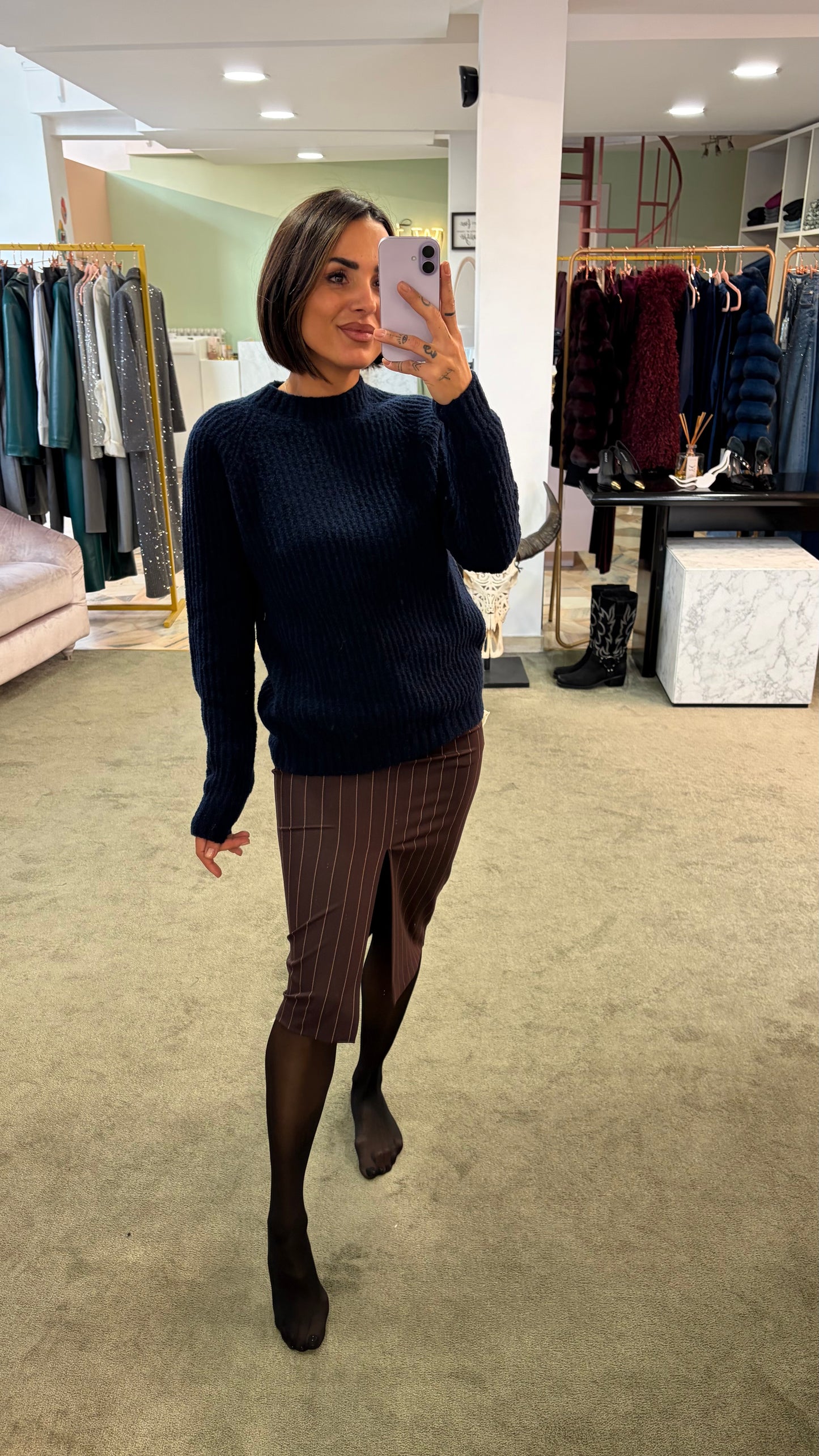 Gonna longuette MAR DE MARGARITAS marrone gessata con spacco