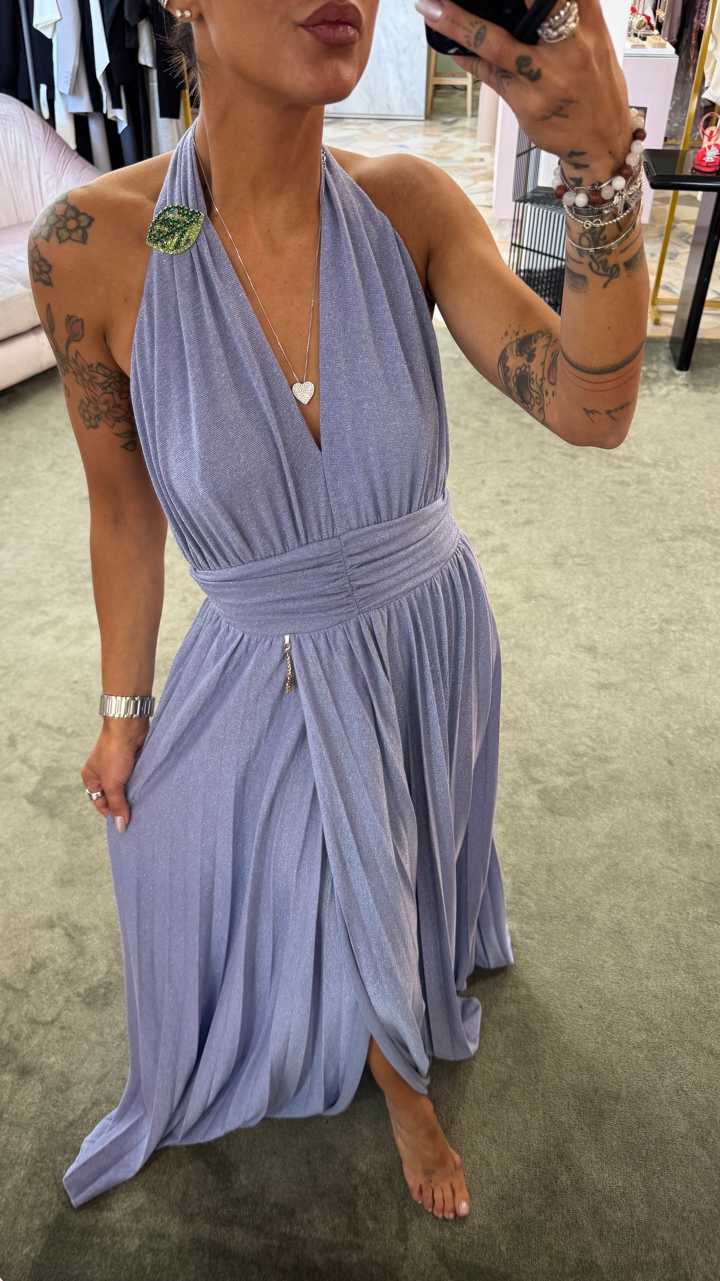Abito lungo lavanda in maglia lurex plissettato con body fr