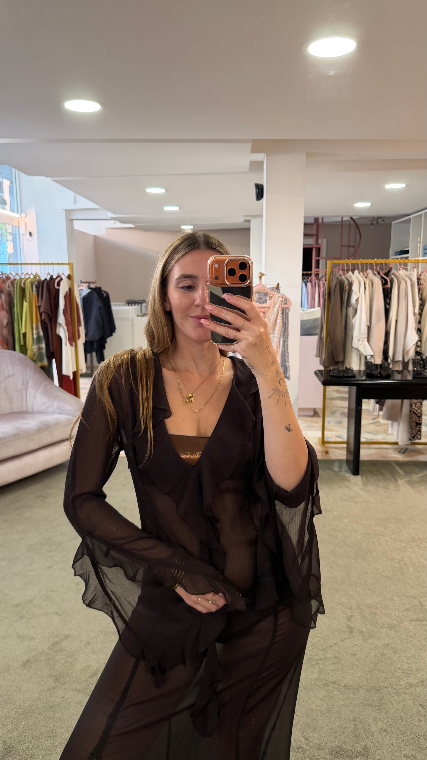 Abito kimono cioccolato trasparente con volant gl
