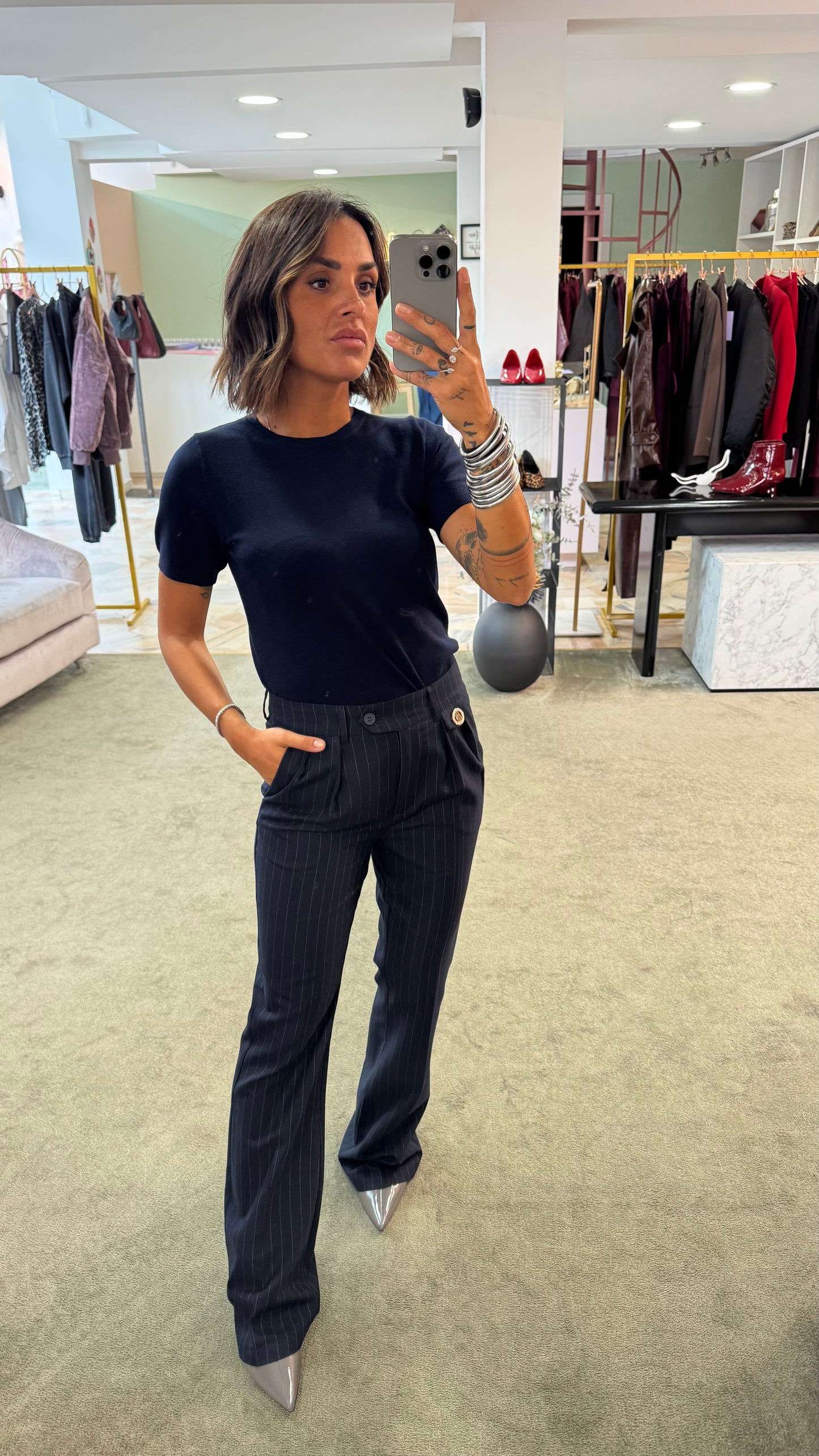 Pantaloni blu gessati a zampa fr