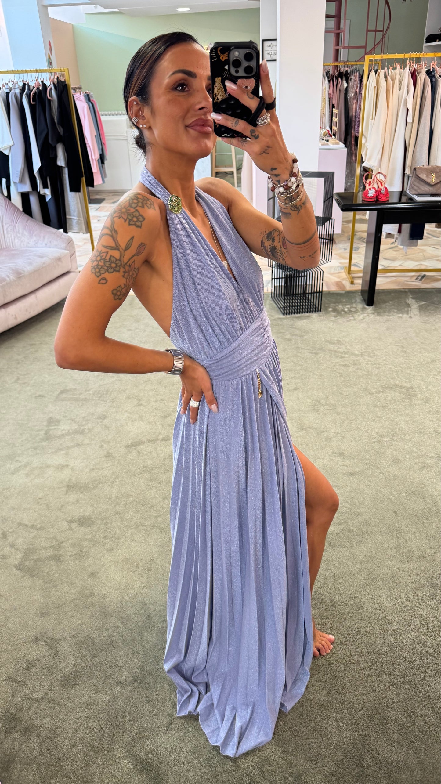 Abito lungo lavanda in maglia lurex plissettato con body fr