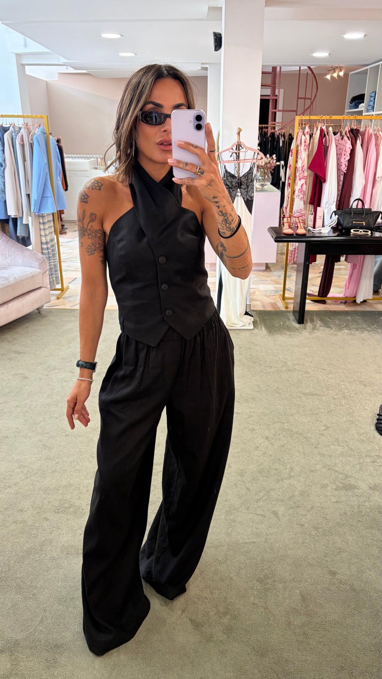 Pantaloni neri wide leg in lino Hinnominate