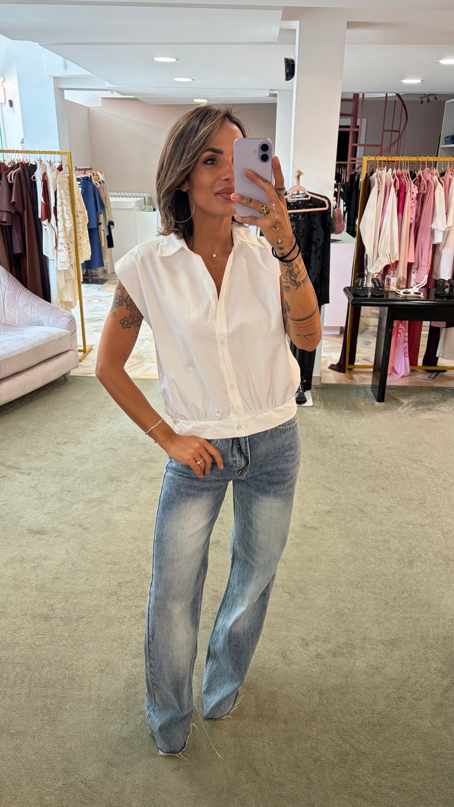 Camicia bianca manica scesa con elastico in vita sy