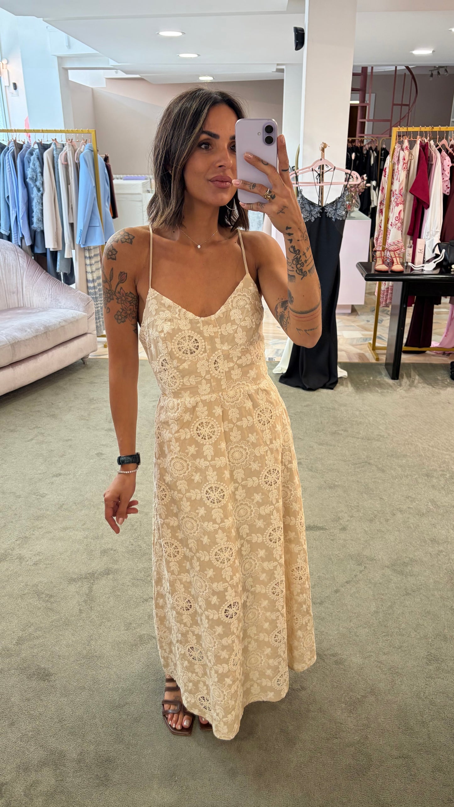 Abito midi beige macramè fr