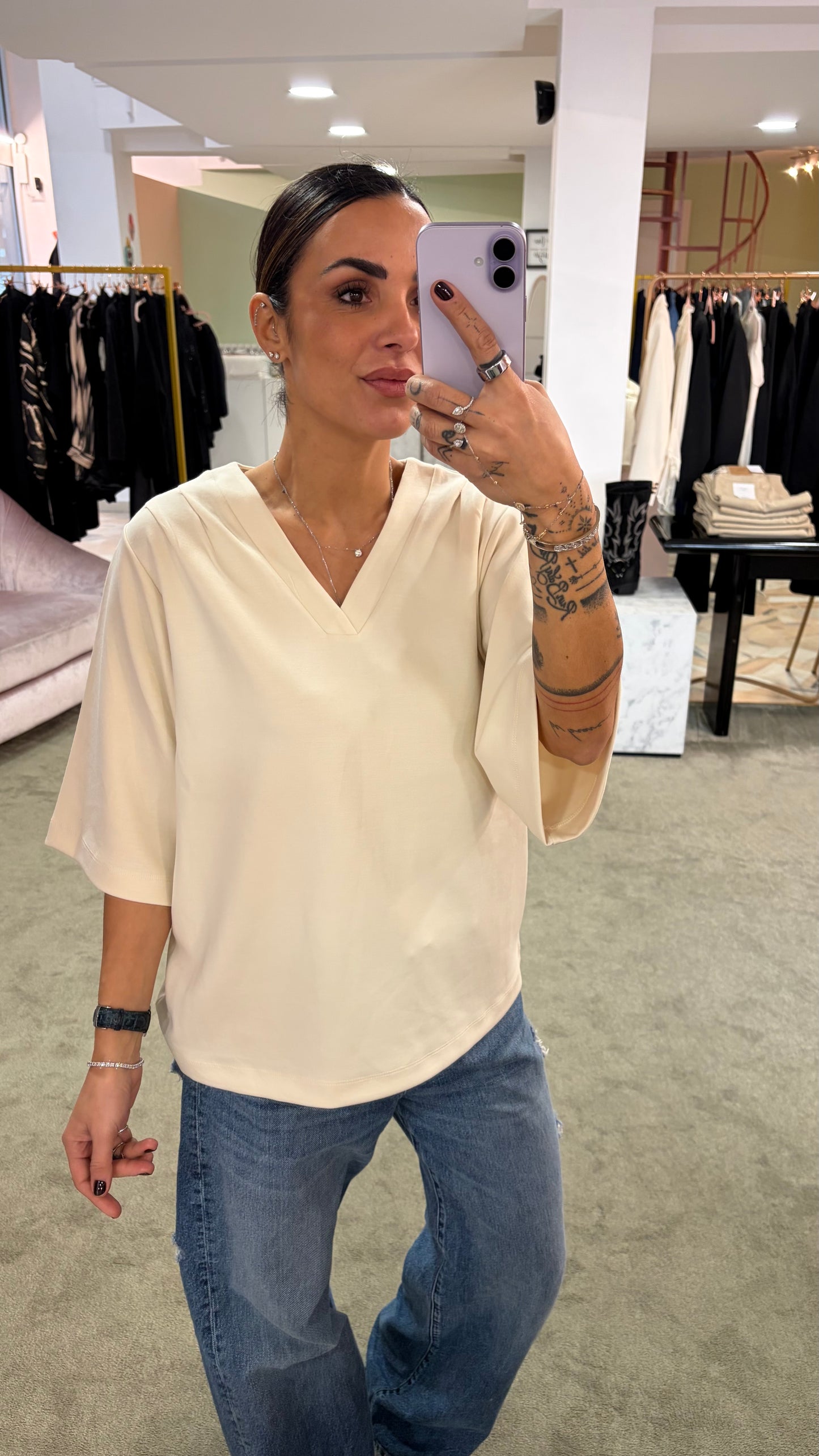 Felpa t-shirt scollo a v in modal panna mezza manica sy