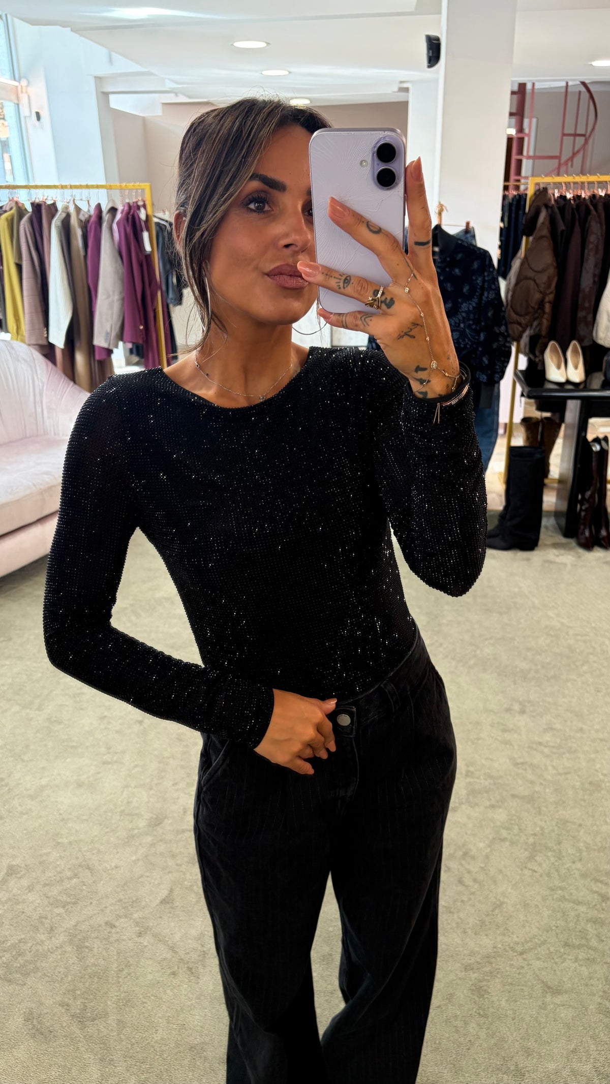 Body nero con cristalli maniche lunghe tw