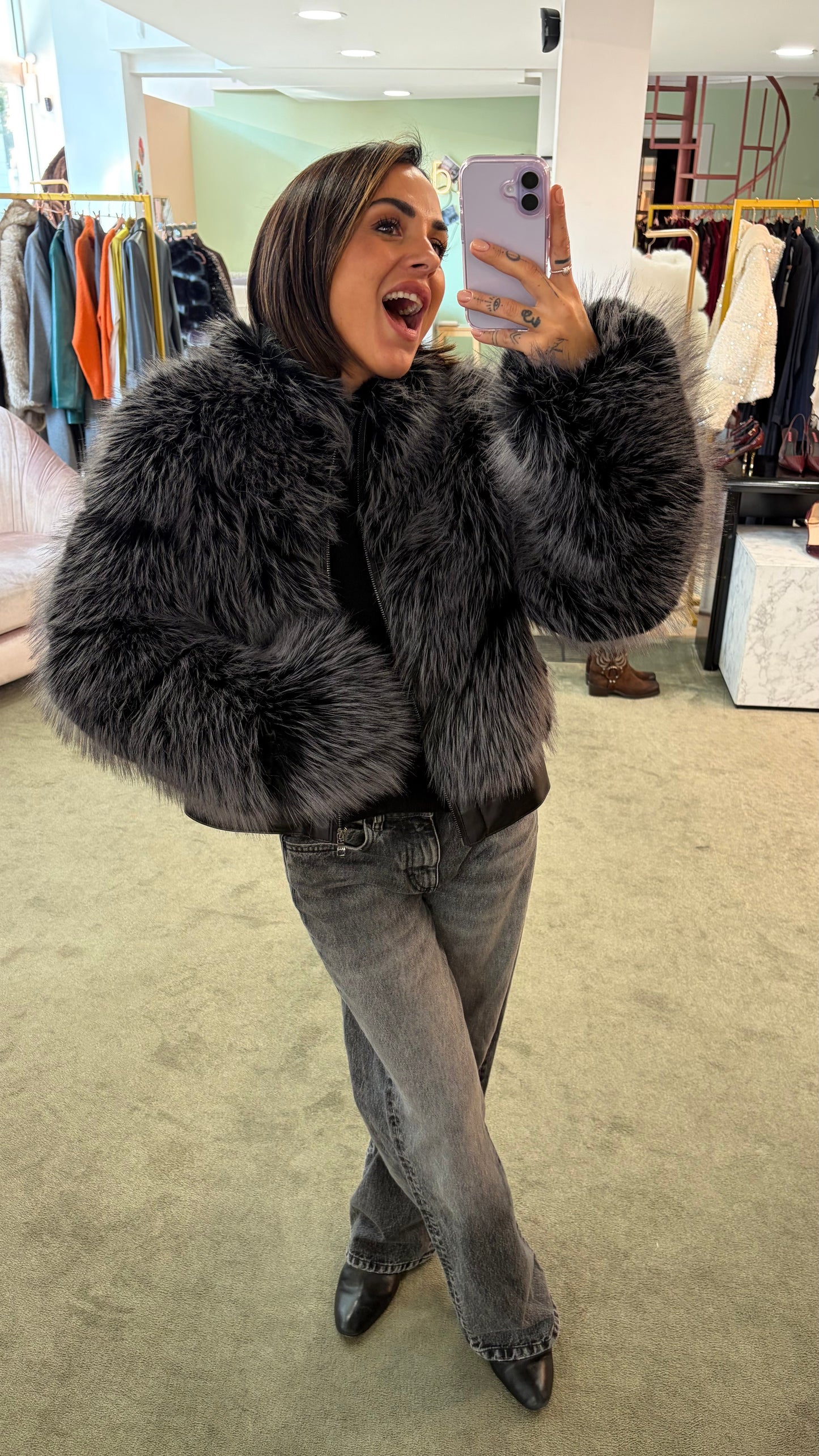 Bomber in pelliccia eco grigio luxury effetto fox un