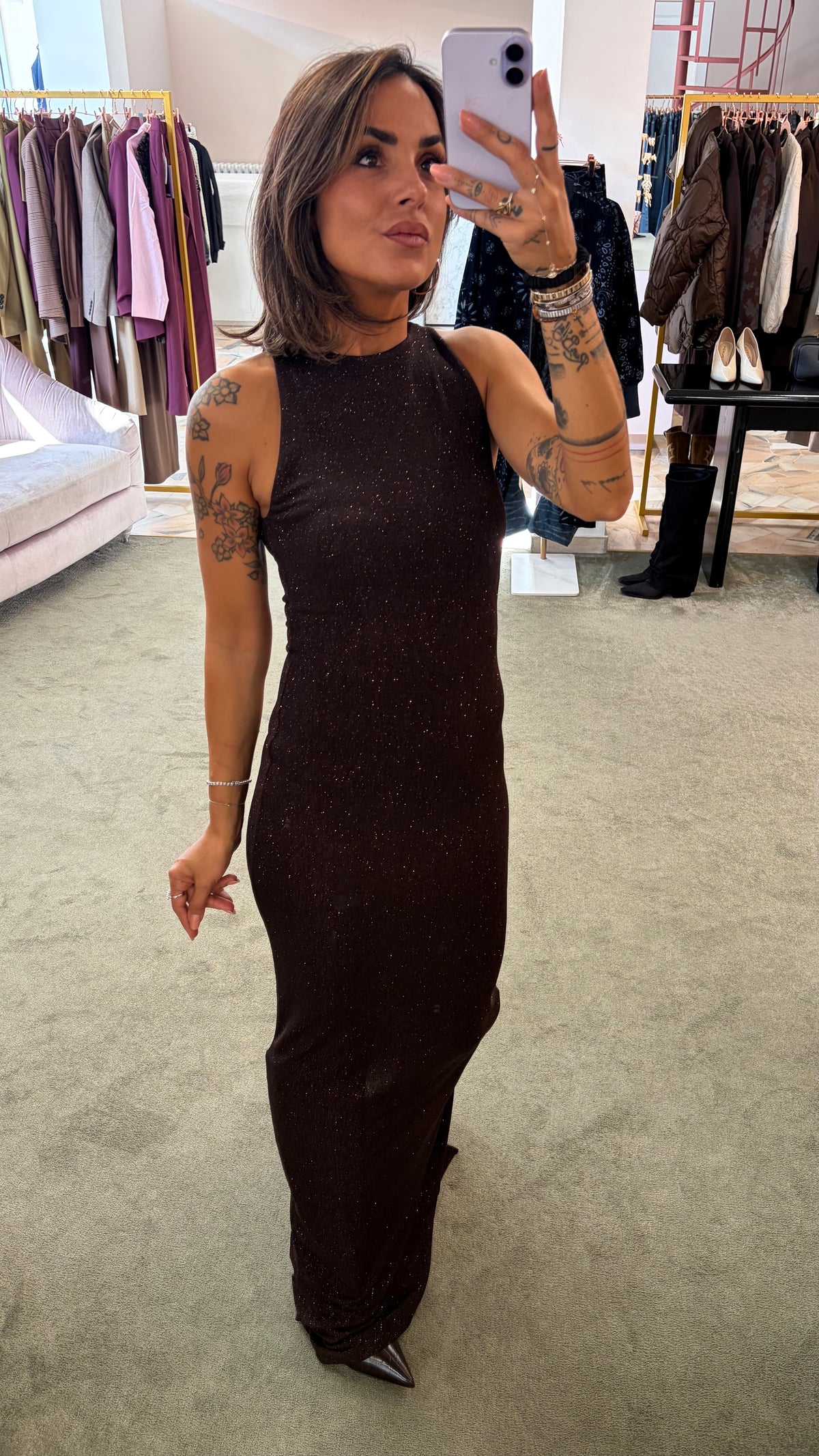 Abito lungo marrone lurex scollo all'americana ks
