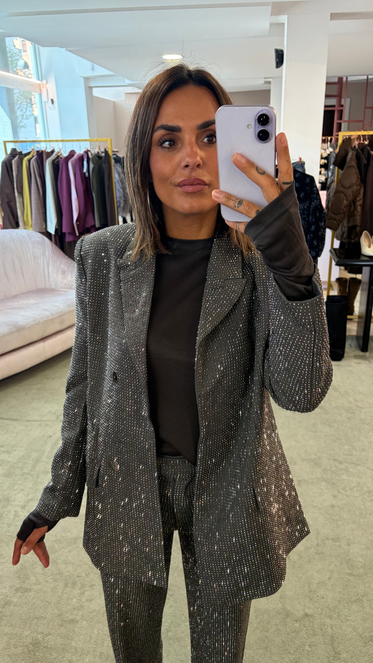 Blazer doppiopetto grigio con cristalli tw
