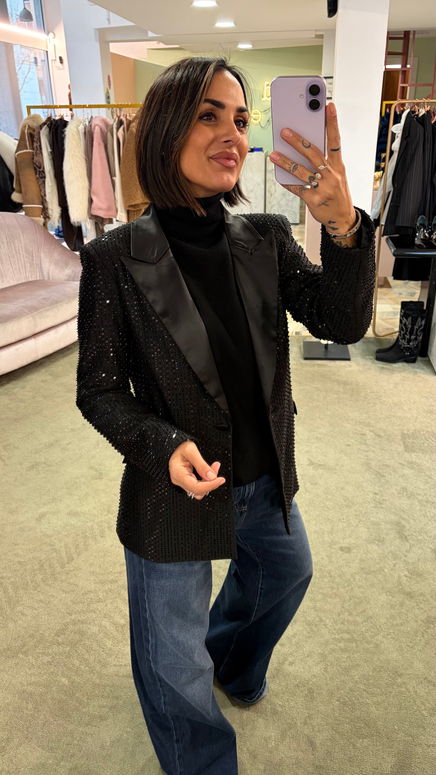 Blazer nero crystal con rever in raso fr