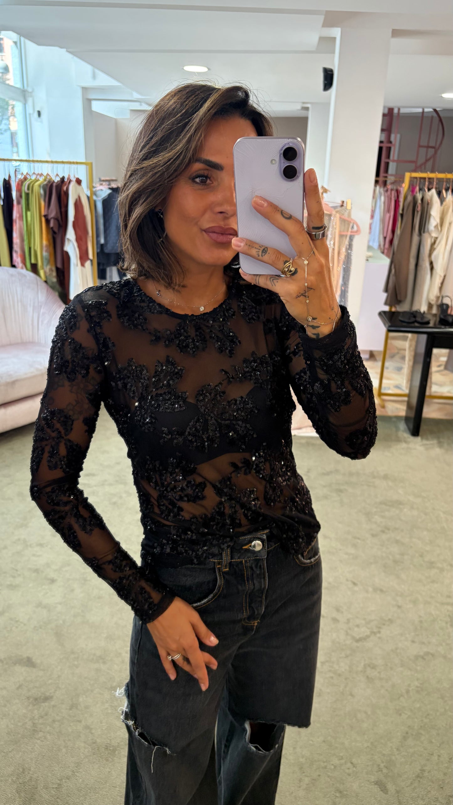 Maglia nera manica lunghe con ricami perline fr
