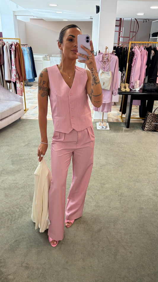 Pantaloni rosa wide leg vita alta doppia pences ay