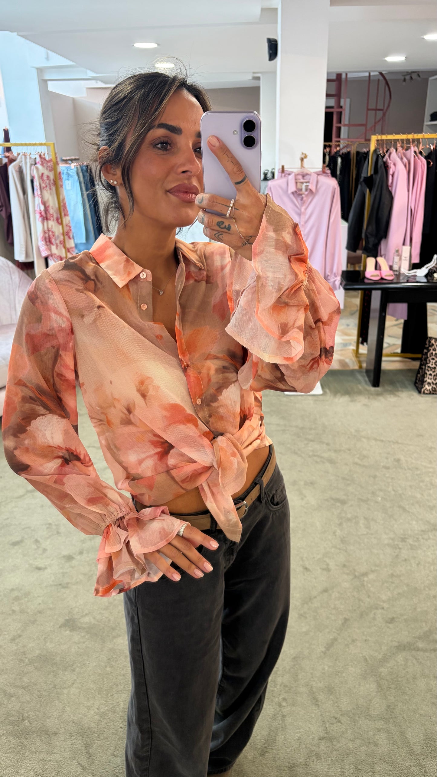 Camicia carmen pesca con fiori sy