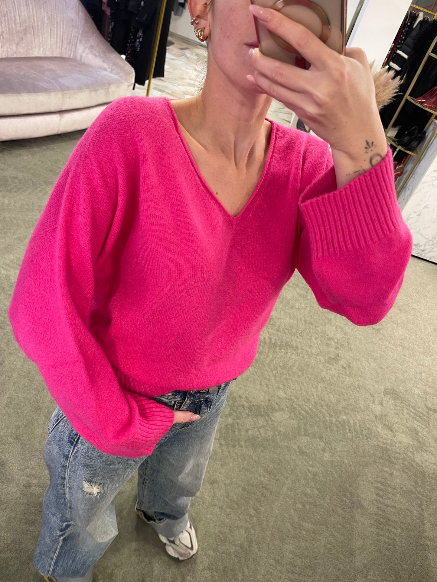 Maglione fucsia scatoletta scollo a v