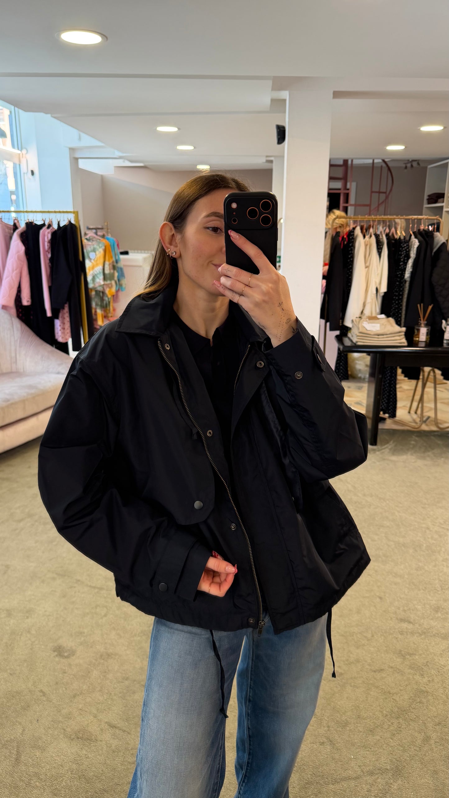 Trench blu notte corto con cappuccio sy