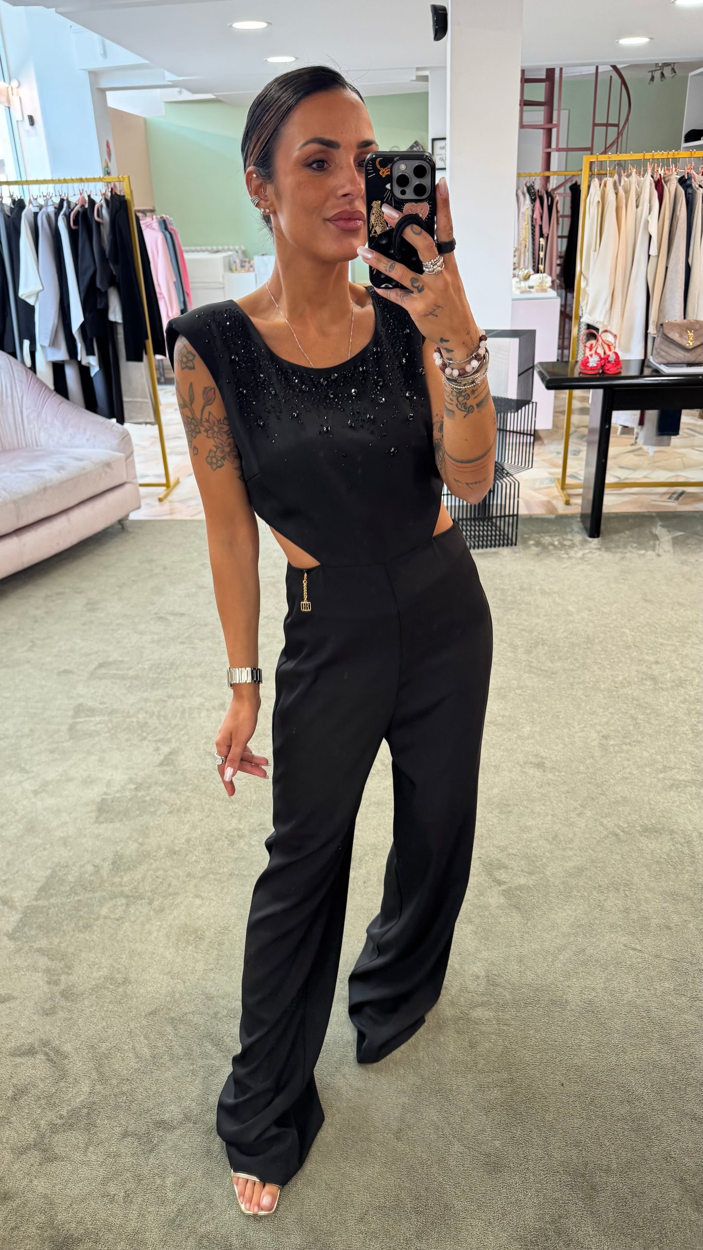 Jumpsuit nera con cristalli fr