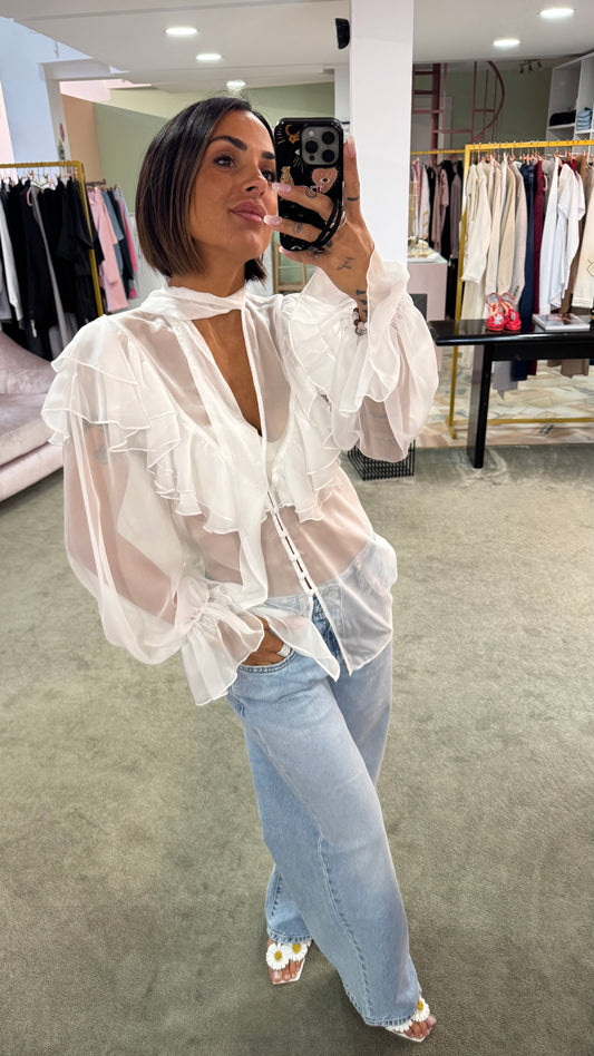 Camicia bianca trasparente con volant Actualee