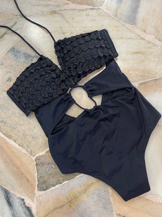 Costume intero in maglia a rete nero lurex Cotazur