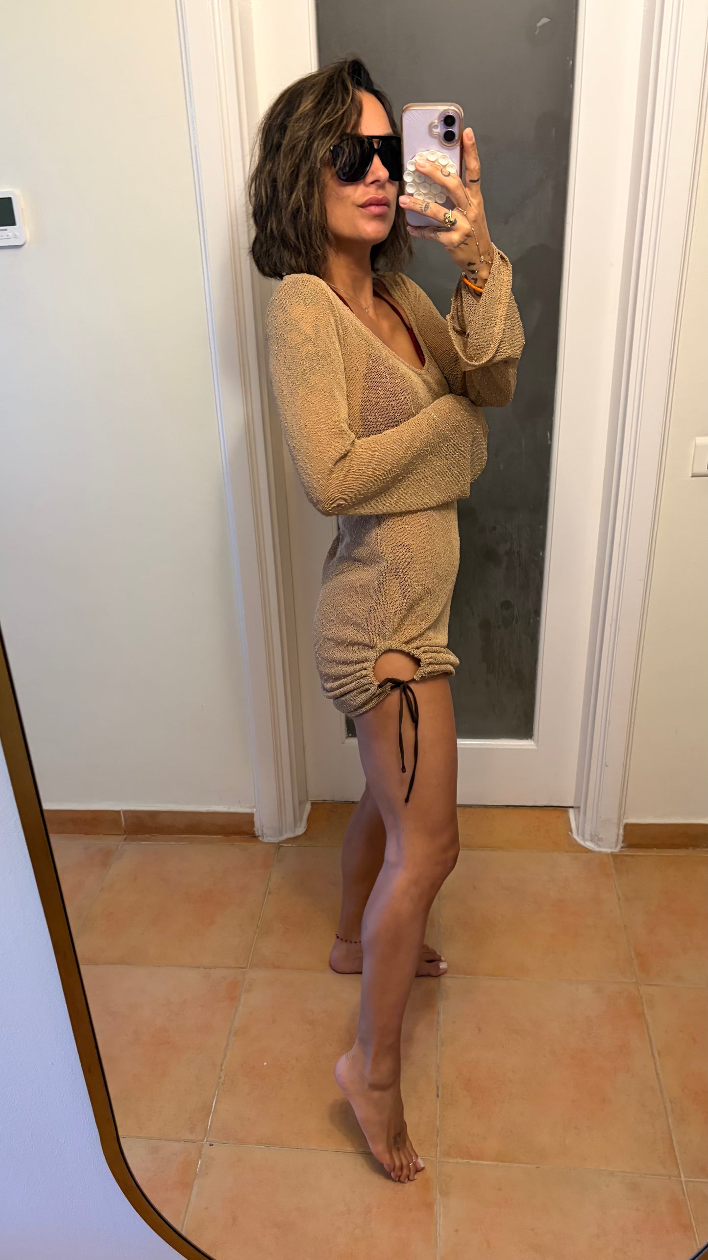 Abito corto beige in maglia trasparente Me Fui