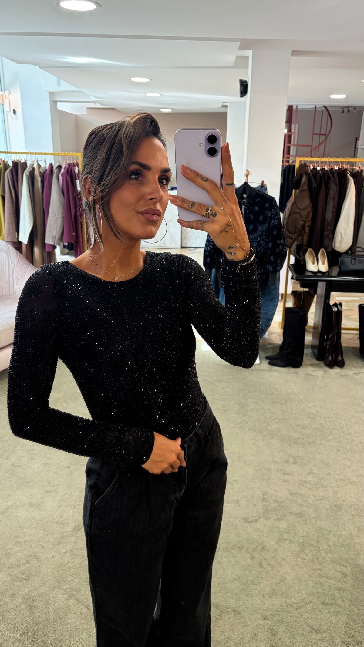 Body nero con cristalli maniche lunghe tw