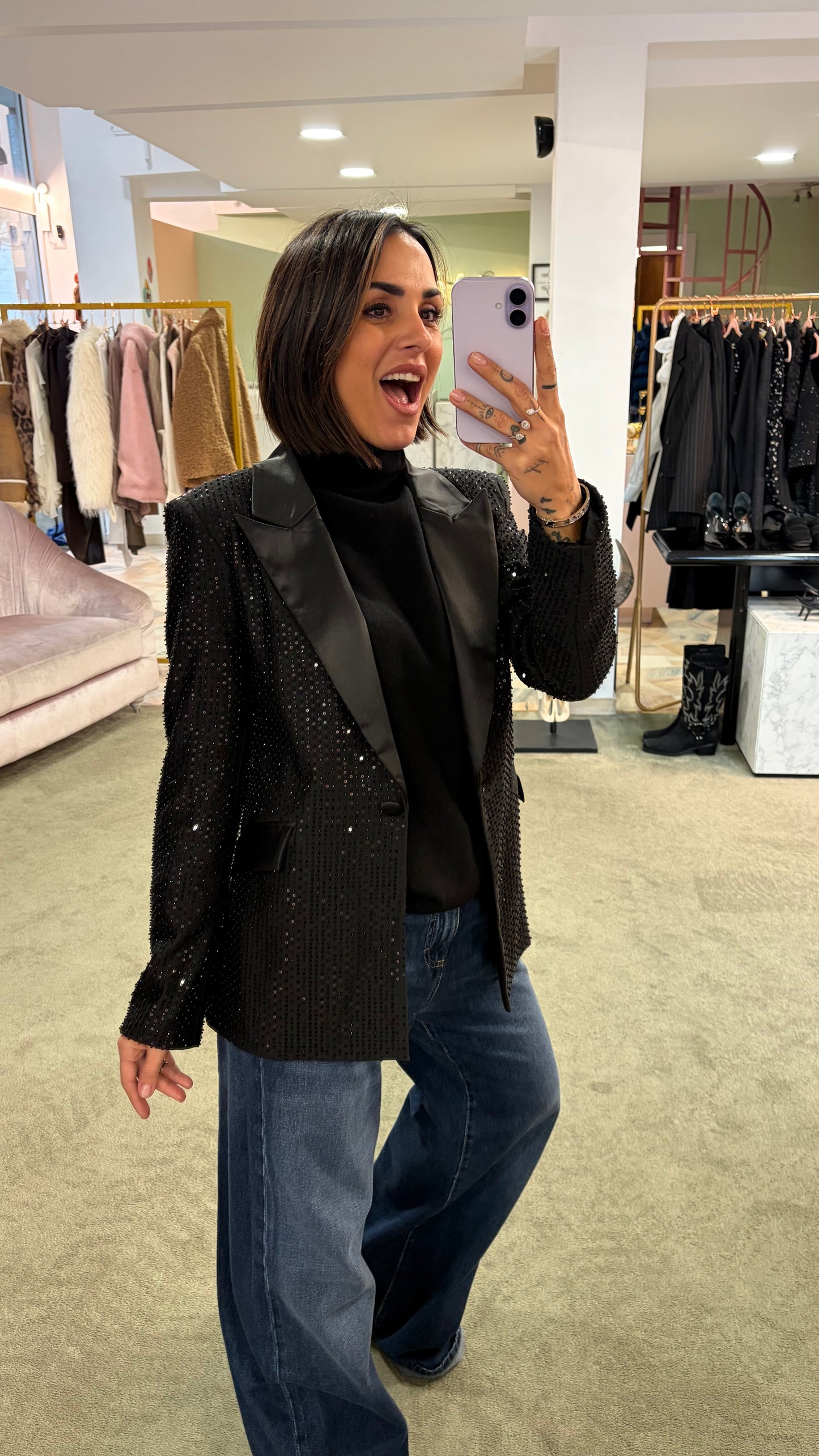 Blazer nero crystal con rever in raso fr