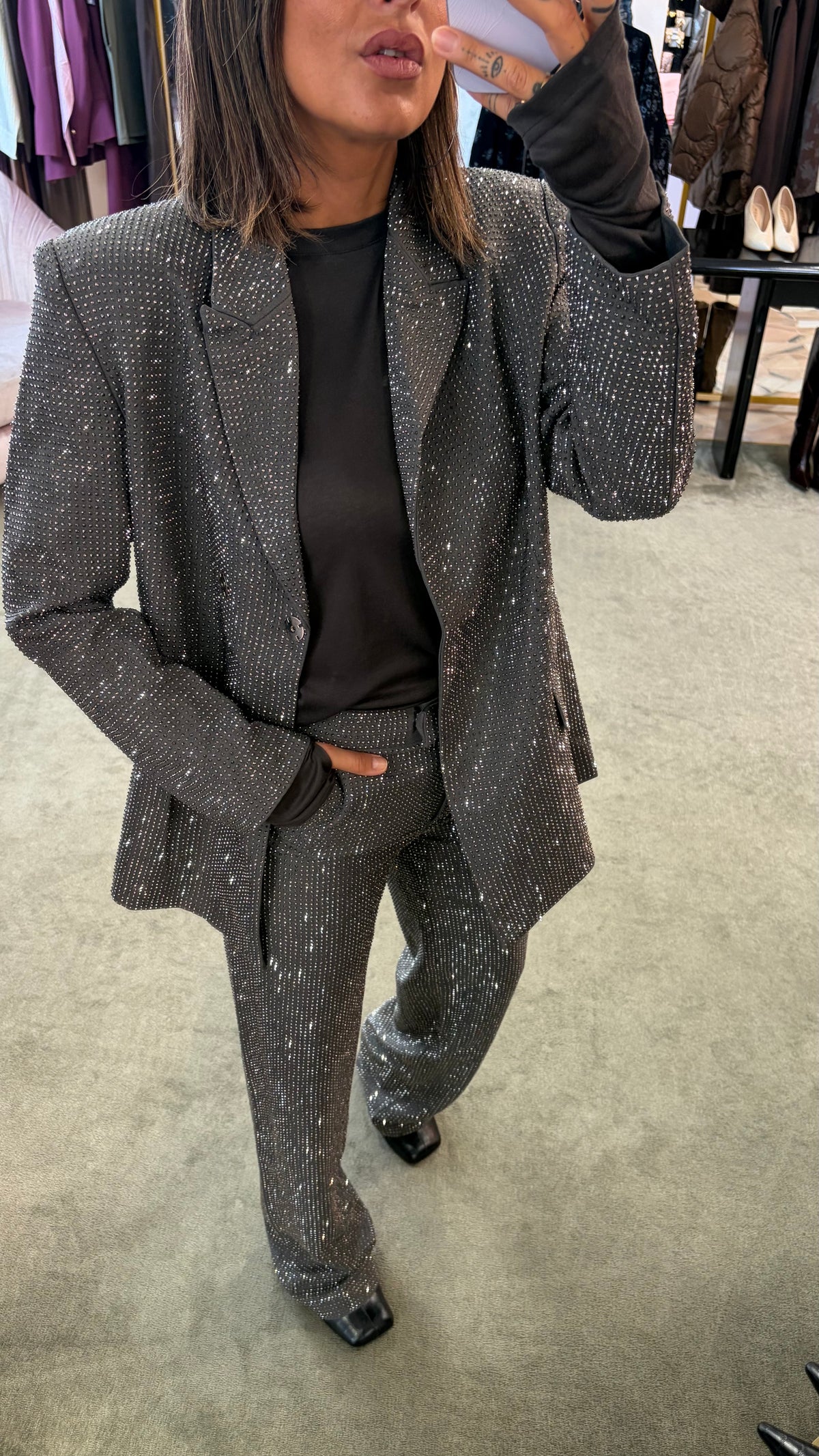 Blazer doppiopetto grigio con cristalli tw